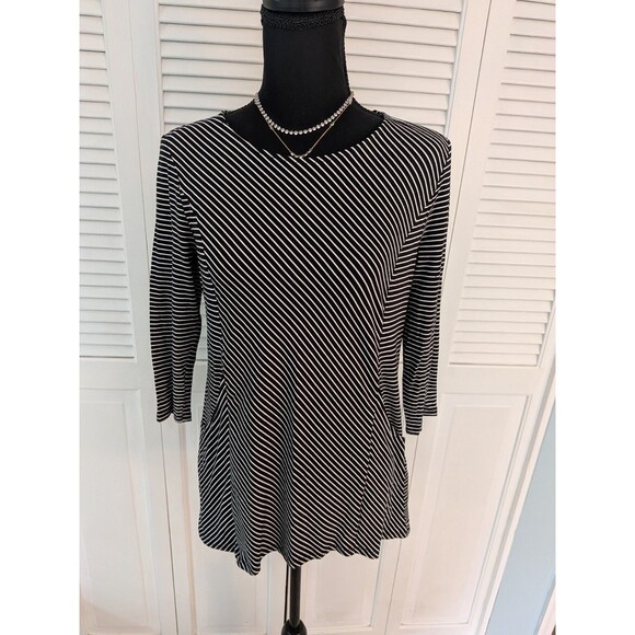 Chico's Tops - Chico’s Top Women's SP/0P Black White Striped Pocket Tunic Tee Nautical Minimal